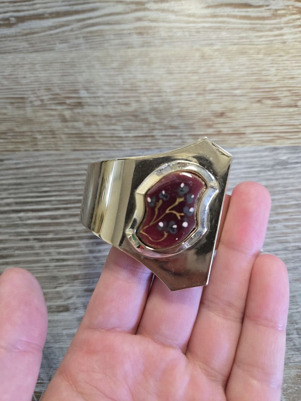 Gold-Tone Women's Cuff Bracelet with Red Enamel Accent